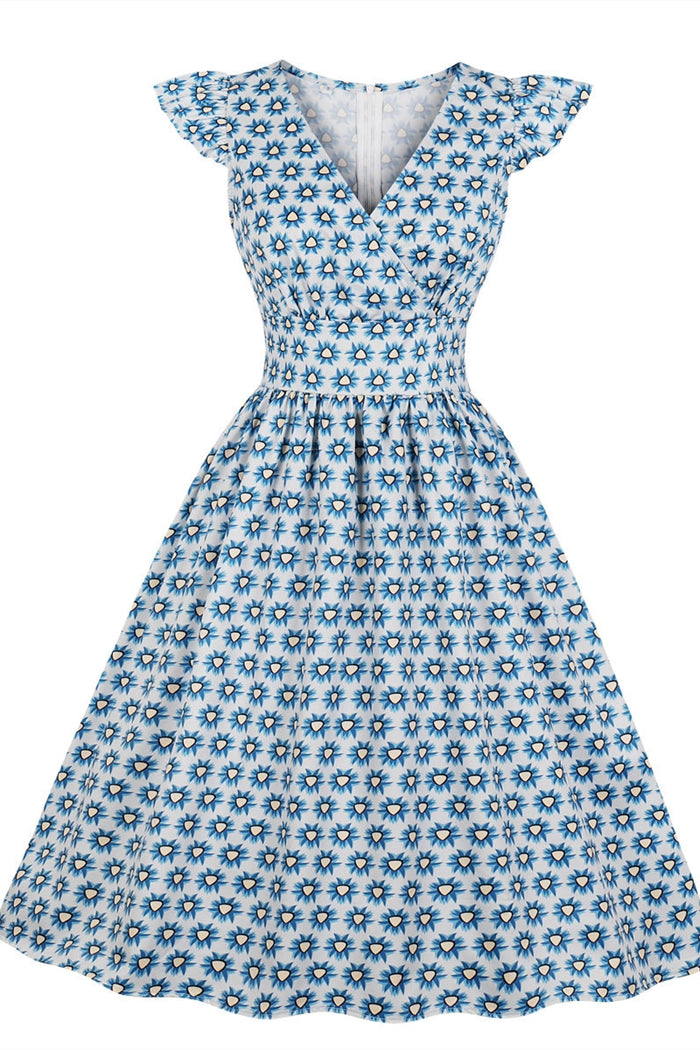 Flutter Sleeves Blue Short Vintage Dress