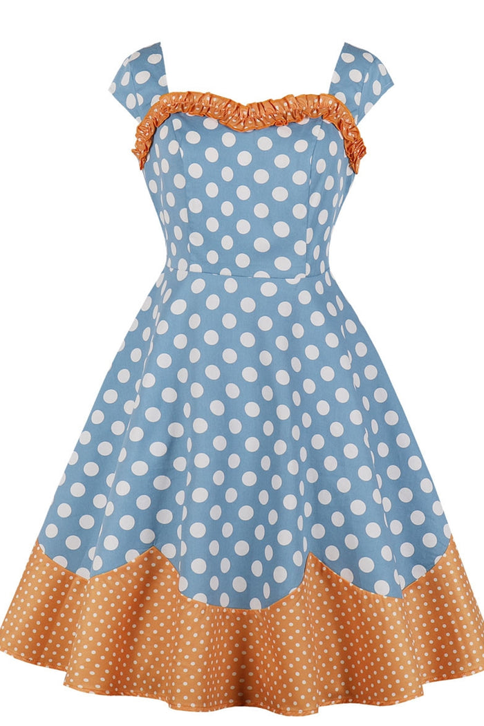 Vintage Blue and Mustard Yellow Polk Dots Dress