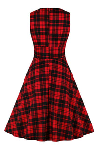 1950s Vintage Black Red Check Pleated Dress