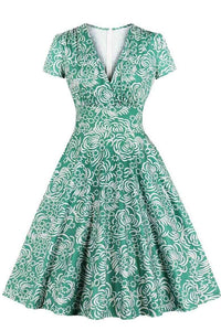 Green Flowers Print Retro Summer Dress