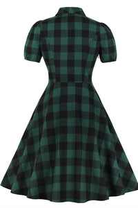Vintage Plaid Green Dress with Puffy Sleeves