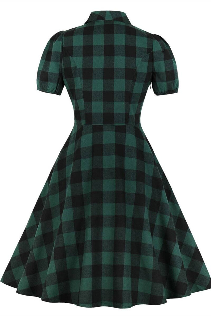 Vintage Plaid Green Dress with Puffy Sleeves