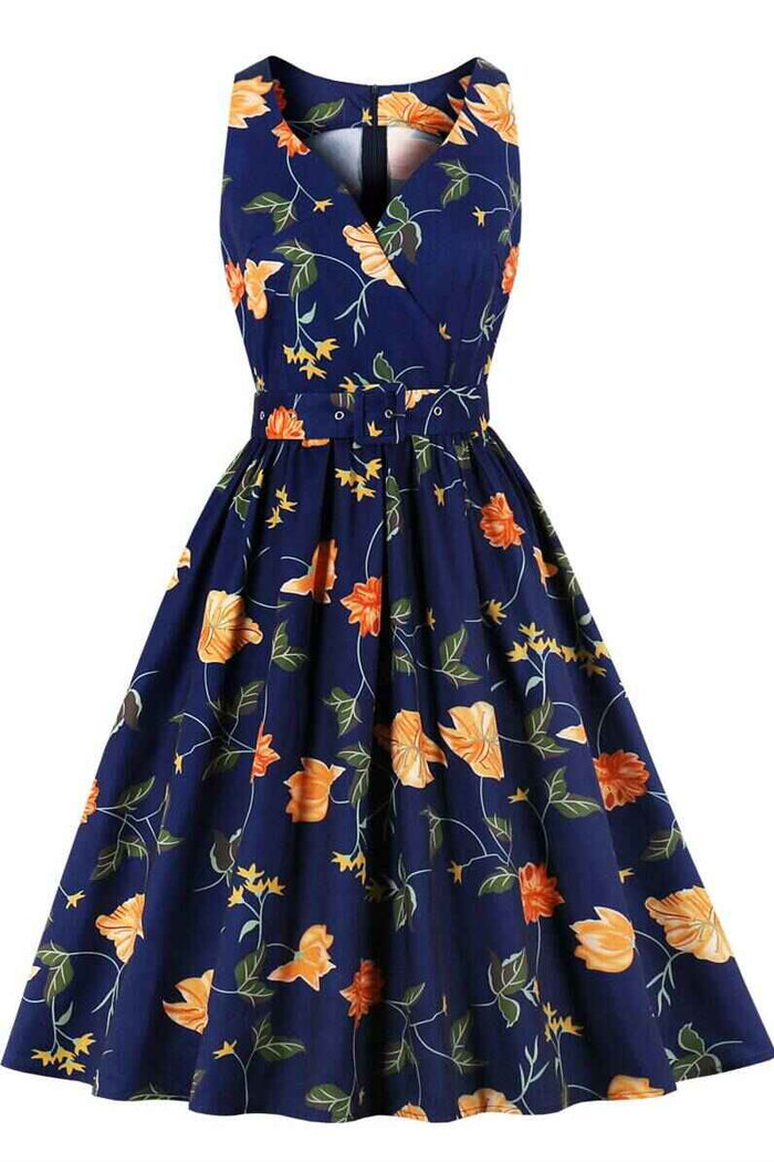 Vintage Navy Blue Floral Wrap Dress
