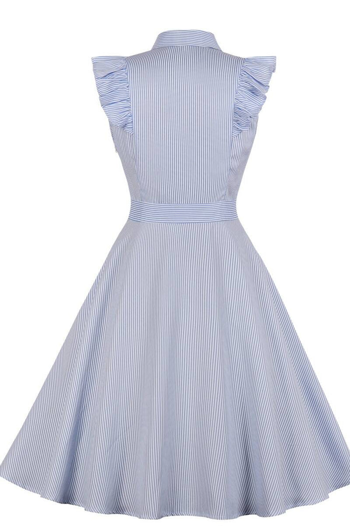 1940s Blue Ruffled Turn Down Collar A-line Dress