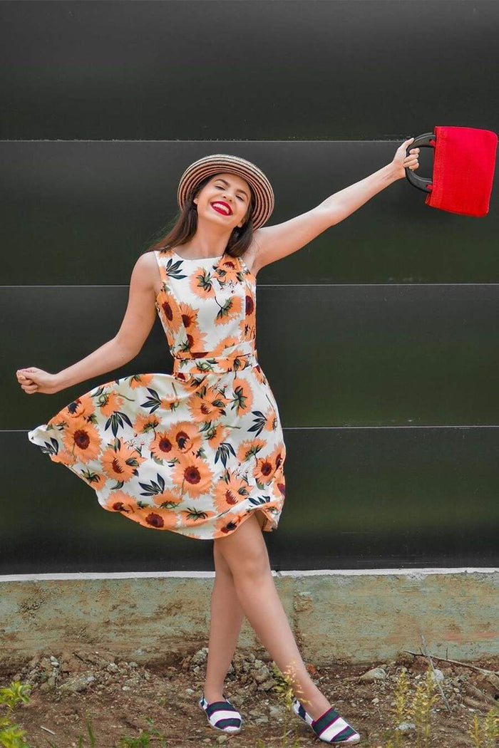 1950s Floral Yellow and White Dress