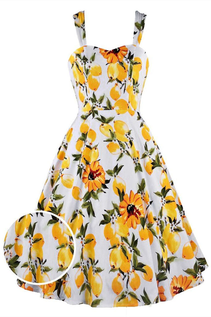 1950s Vintage Straps Floral Lemon Dress