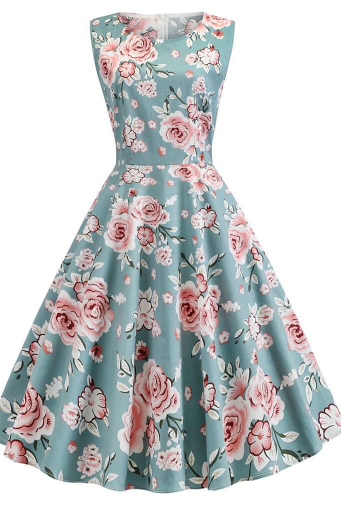 1950s Vintage Sleeveless Blue Floral Dress