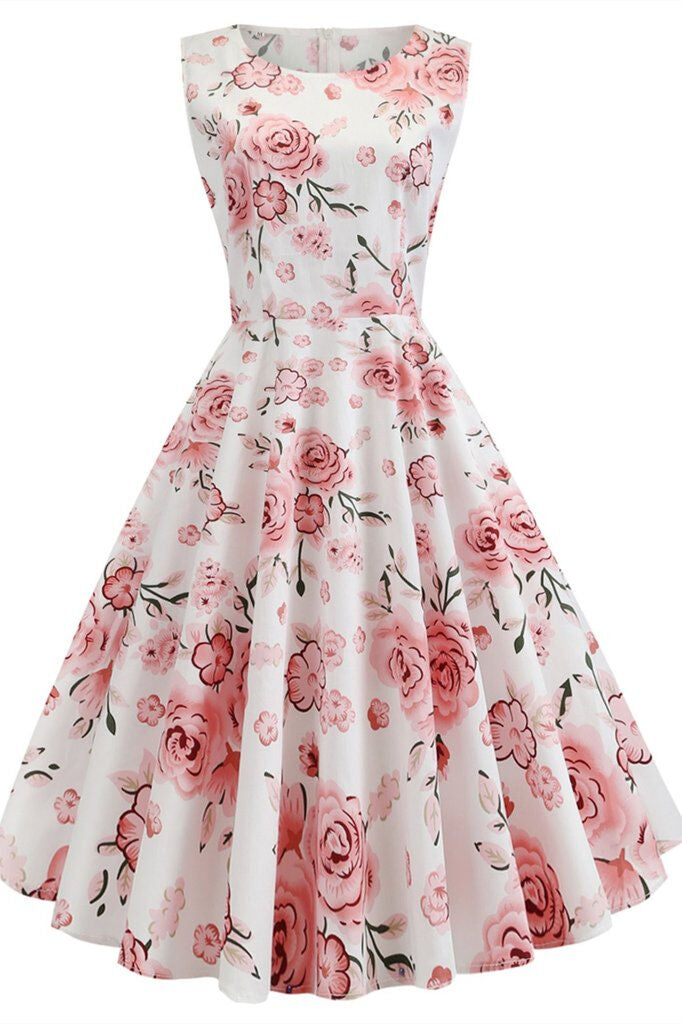 1950s Vintage Pink Floral Swing Dress