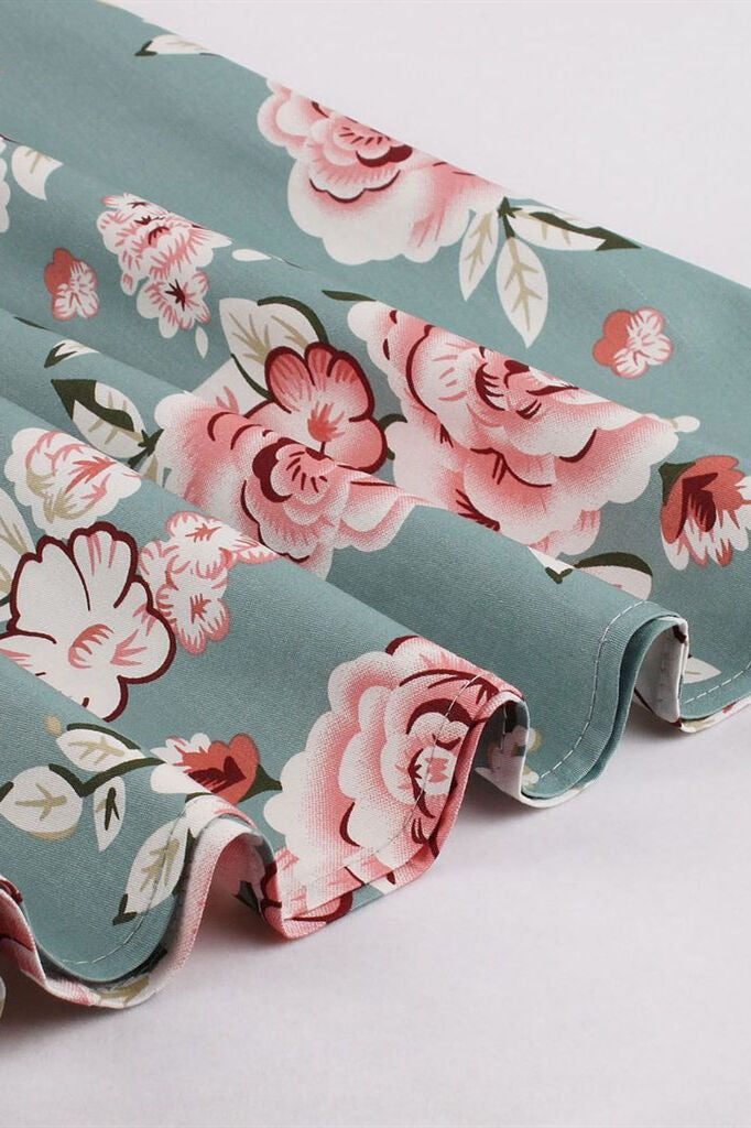 1950s Vintage Flutter Sleeves Blue Floral Dress