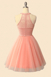 Halter Lace Wine Red Short Bridesmaid Dress