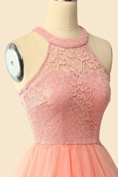 Halter Lace Wine Red Short Bridesmaid Dress