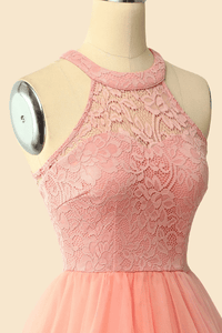 Halter Lace Wine Red Short Bridesmaid Dress