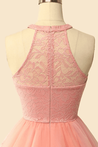 Halter Lace Wine Red Short Bridesmaid Dress