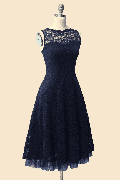 Crew Neck Lace Navy Blue Bridesmaid Dress