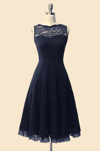 Crew Neck Lace Navy Blue Bridesmaid Dress