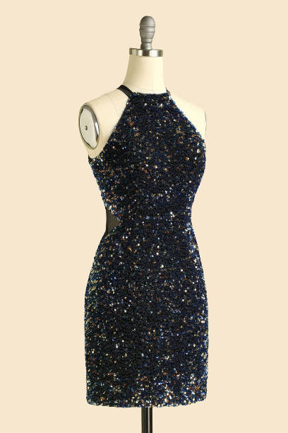 Halter Sparkly Black Short Bridesmaid Dress with Sequins