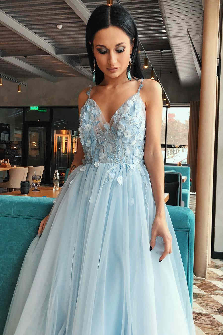 A-Line Light Blue Tulle Prom Dress with Flowers