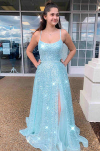 Light Blue Side Slit Long Prom Dress with Sequins