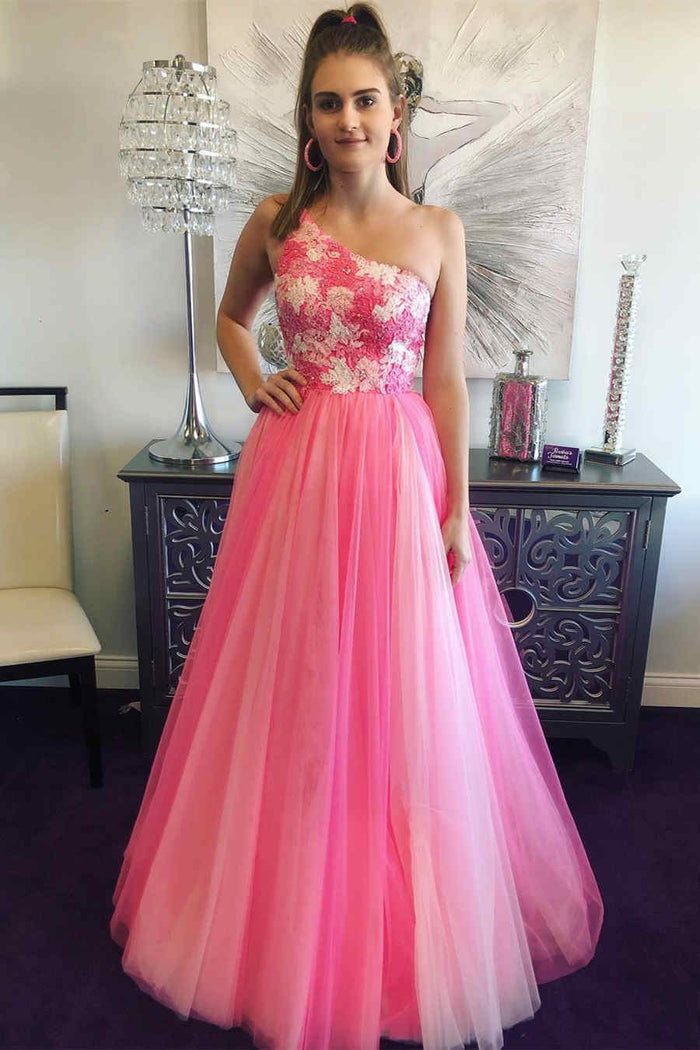 One Shoulder Hot Pink Tulle Prom Dress with Appliques