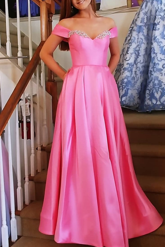 Elegant Pink Beaded Off the Shoulder Prom Dress