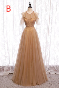 A-Line Beaded Champagne Tulle Bridesmaid Dress