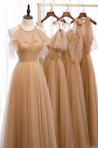 A-Line Beaded Champagne Tulle Bridesmaid Dress