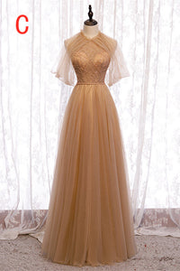 A-Line Beaded Champagne Tulle Bridesmaid Dress