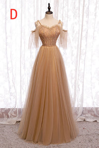 A-Line Beaded Champagne Tulle Bridesmaid Dress