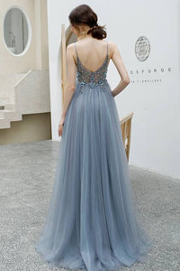 Princess Misty Blue Beaded Long Formal Dress