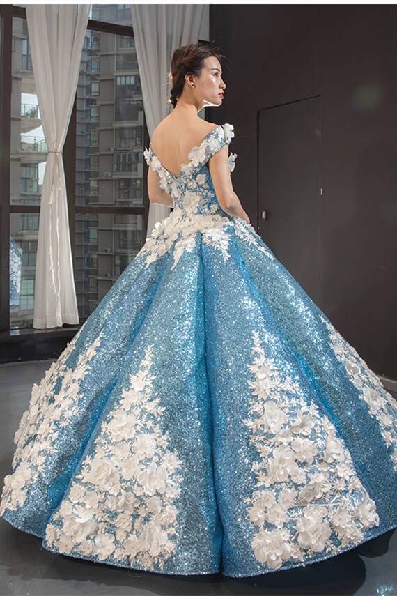 Off the Shoulder Blue and White Ball Gown – Dreamdressy