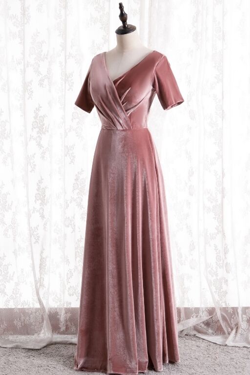 Blush Velvet Long Party Dress with Short Sleeves – Dreamdressy