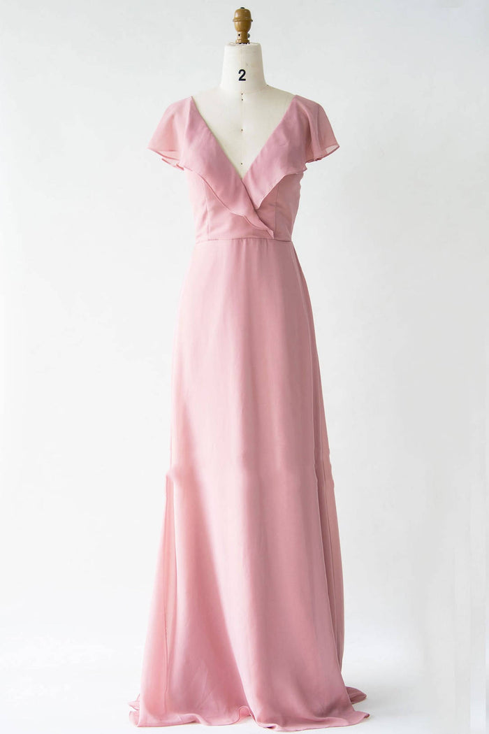 V-Neck Blush Pink Chiffon Bridesmaid Dress