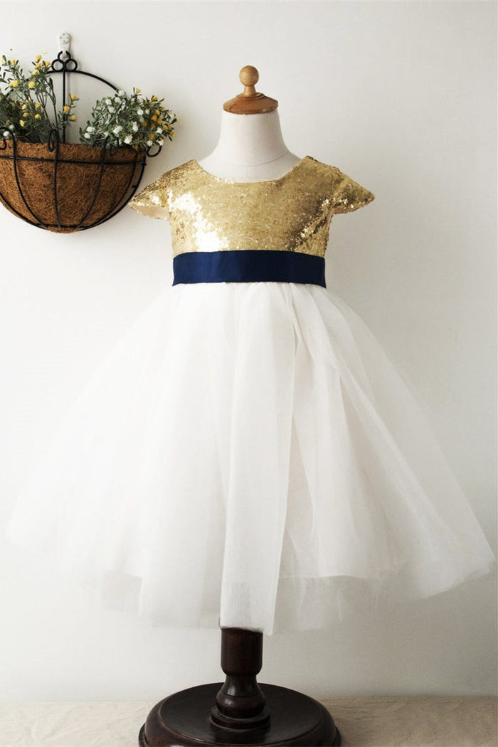 Cute Gold Sequined Top Flower Girl Dress