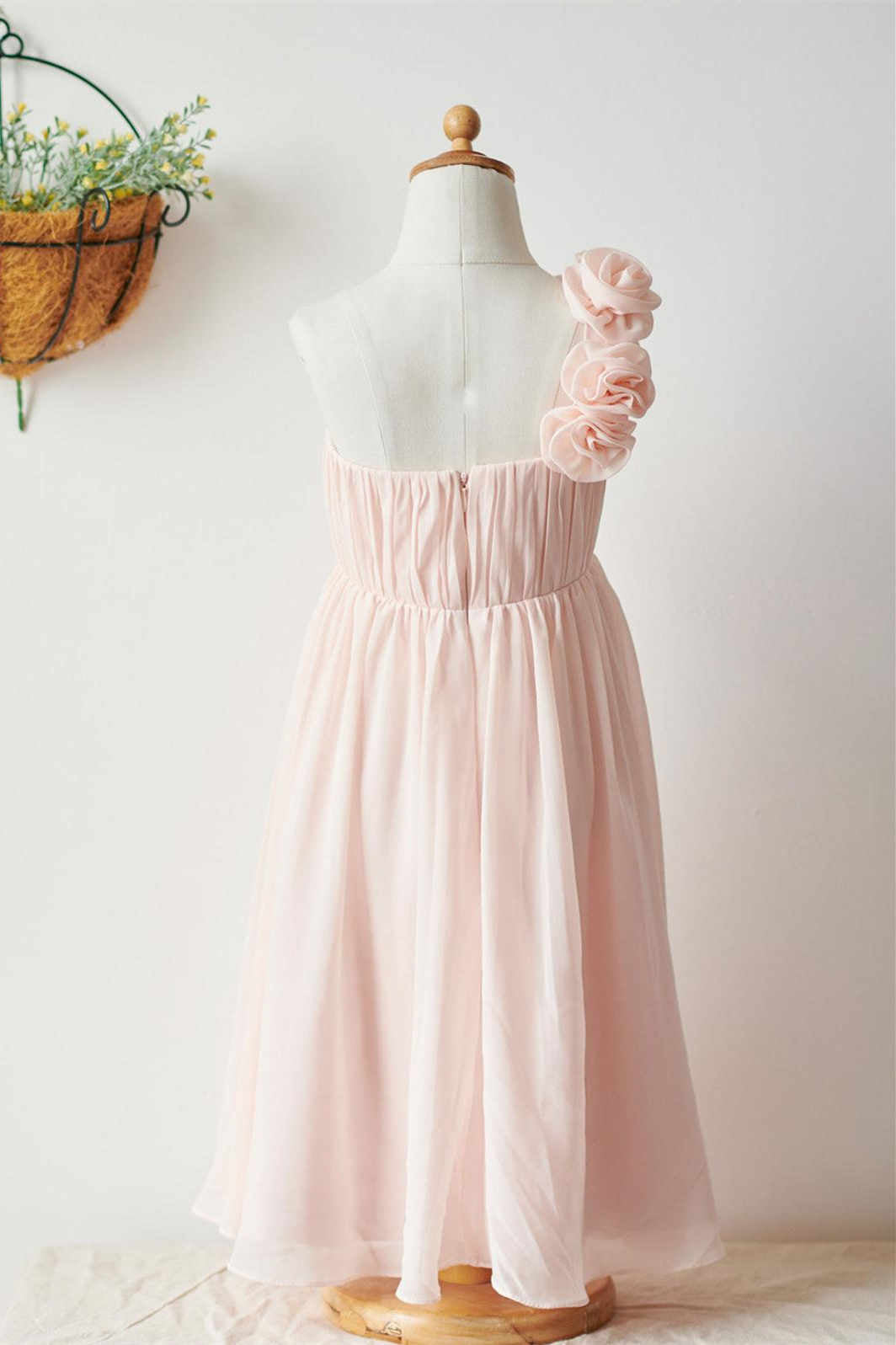 Pearl Pink Pleated Flower Girl Dress with 3D Flowers