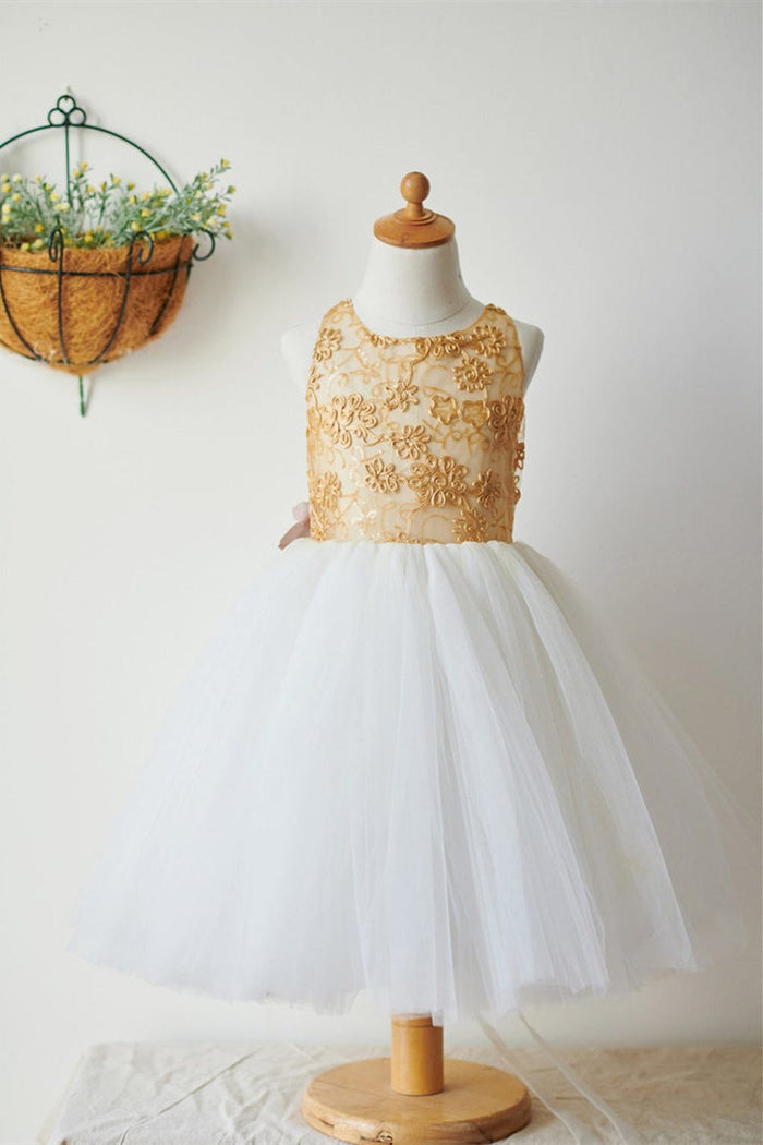 Cute Gold and White Flower Girl Dress with 3d Flowers