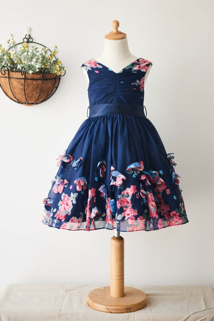 V-neck Floral Nacy Blue Flower Girl Dress