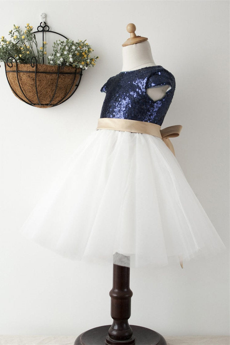 Cute Navy Blue Ball Gown Sequined Flower Girl Dress – Dreamdressy
