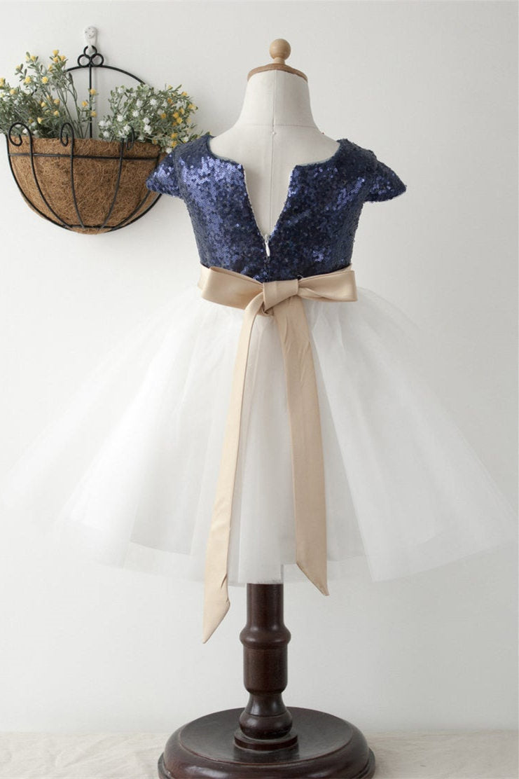 Cute Navy Blue Ball Gown Sequined Flower Girl Dress – Dreamdressy