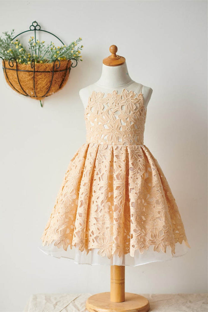 Crew Neck Champagne Lace Flower Girl Dress