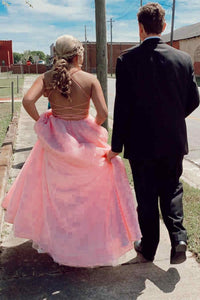 Glitter Pink Halter Tulle Prom Dress