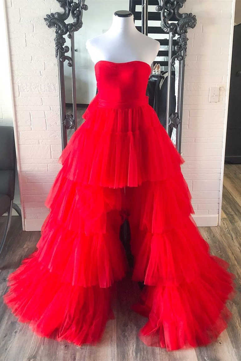 Red Tulle Strapless  Formal Dress