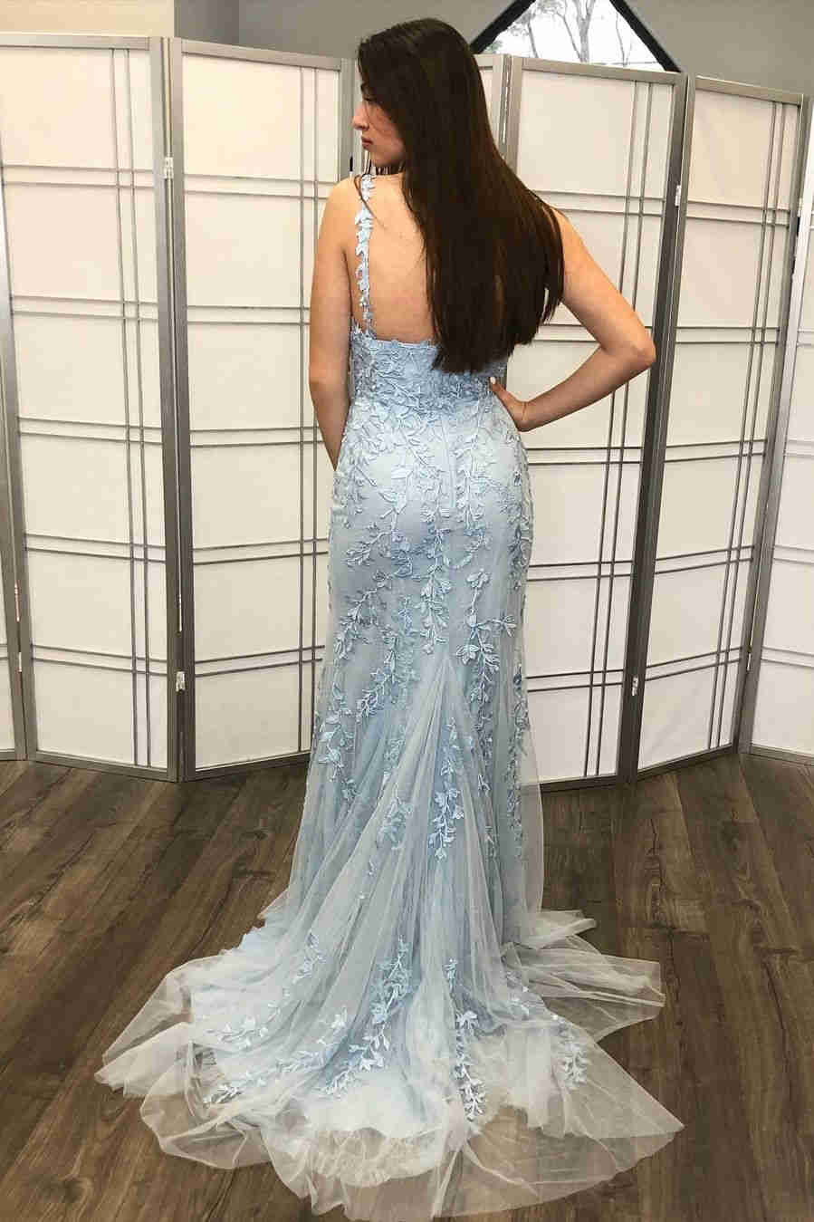 Light Blue Side Slit Prom Dress with Appliques