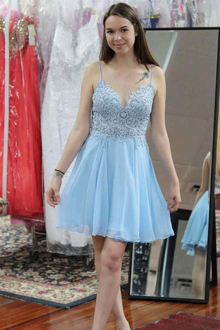 Spagheti Straps Light Blue A-line Short Homecoming Dress