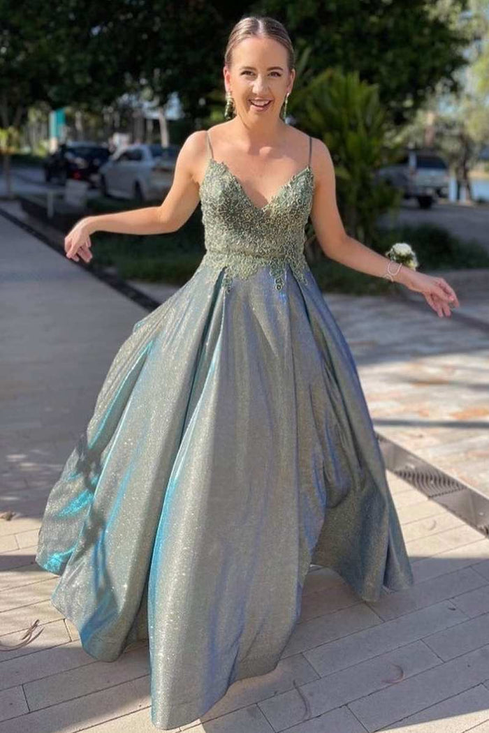 Navy Blue A-line Appliques Long Prom Dress with Pockets