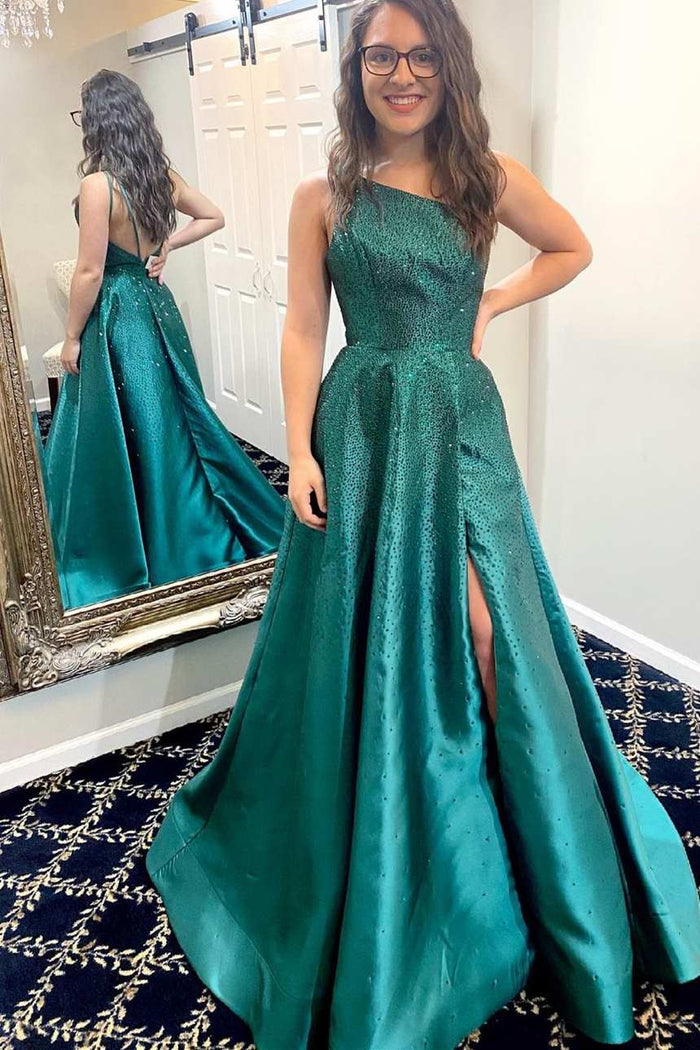 One Shoulder Green A-line Long Formal Dress