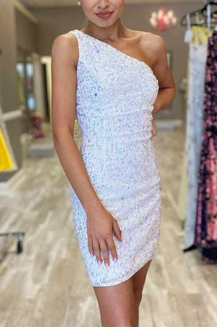 One Shoulder White Sequins Tight Mini Dress