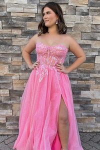 Glitter Strapless Hot Pink Appliques A-Line Prom Dress