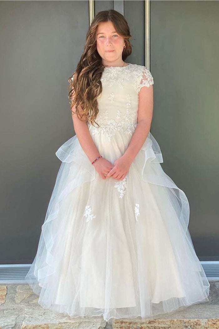 Ivory Cap Sleeves Appliques Ruffle-Layers Long Flower Girl Dress