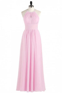 Pink Chiffon Halter Sleeveless A-Line Long Bridesmaid Dress