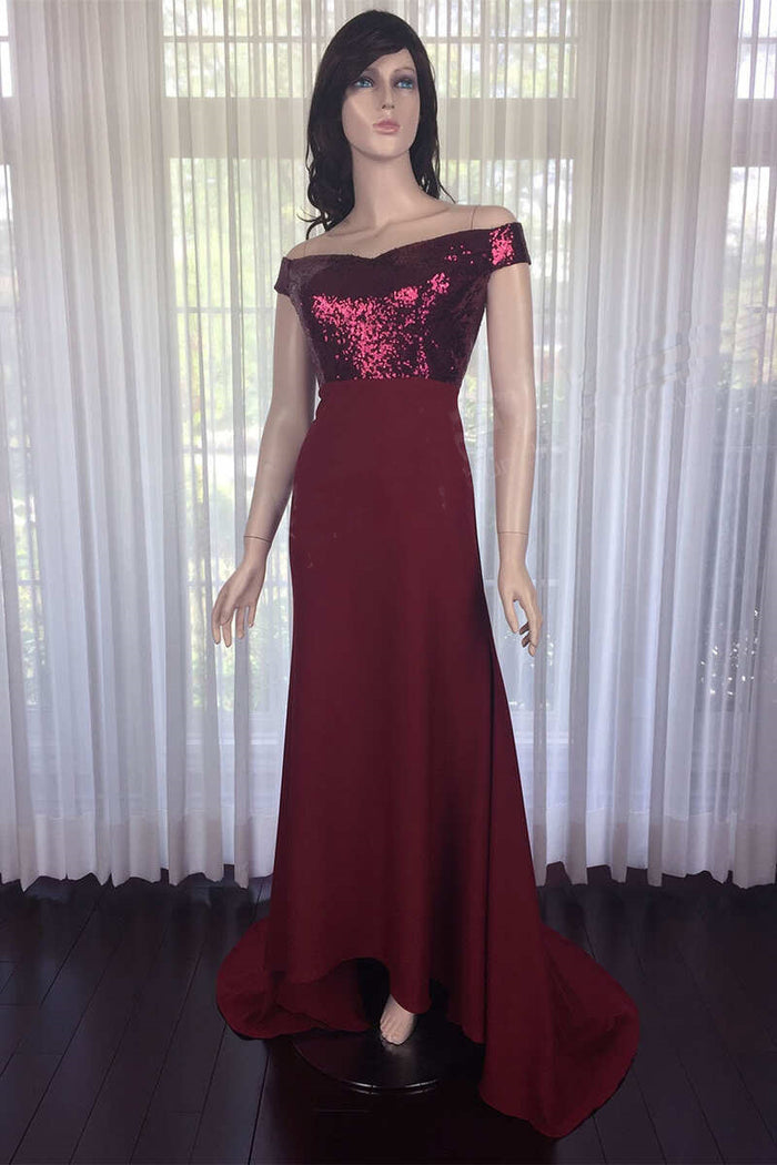 Wine Red Sequin Off-the-Shoulder Long Bridesmaid Dress